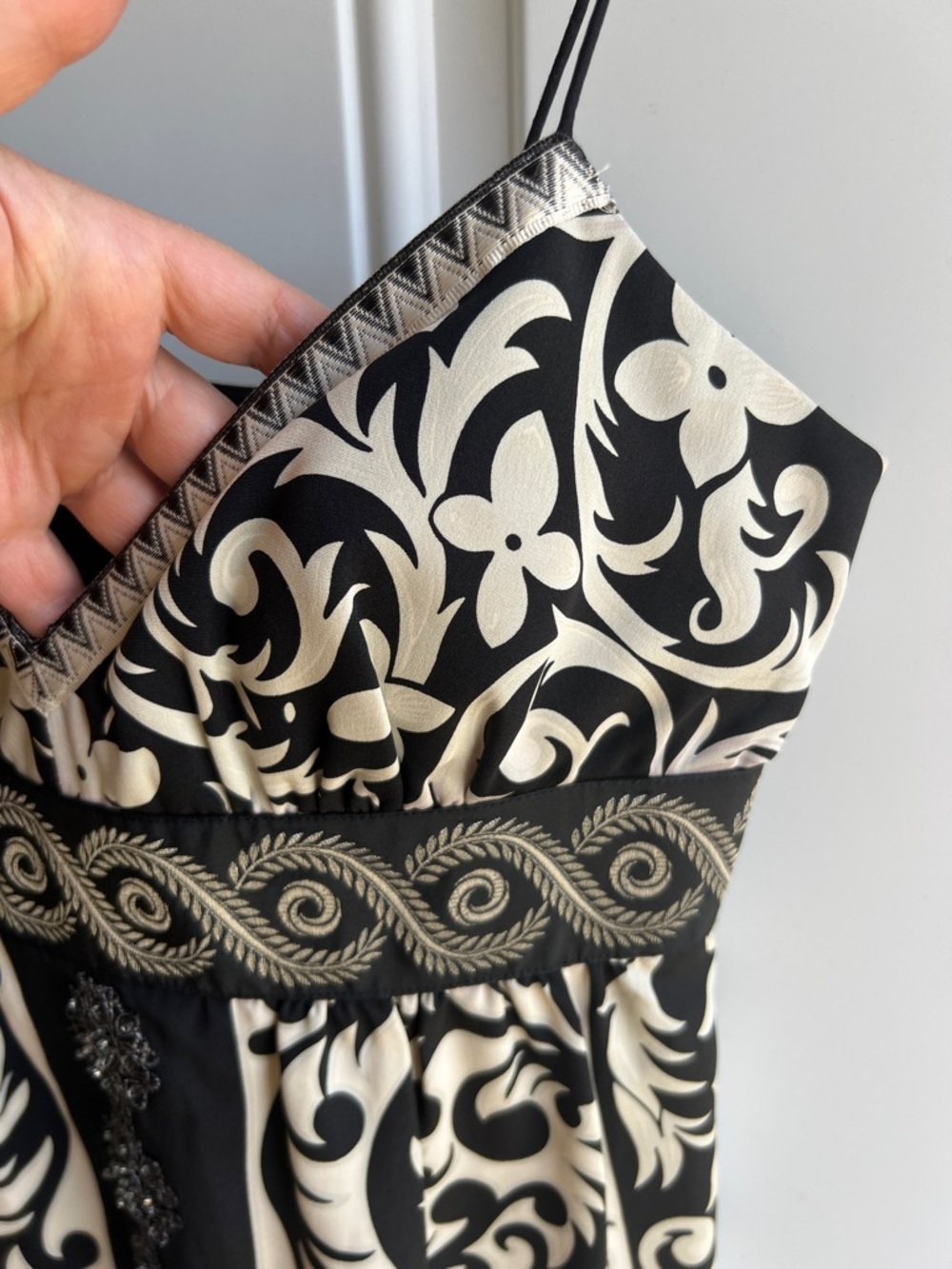 Nicole Miller Black and Cream Silk Midi Dress with Embroidered Band - Picture 4 of 9